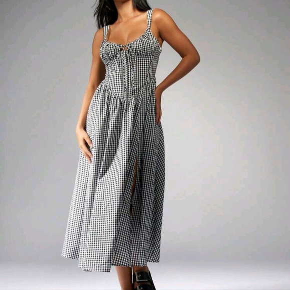 Gingham Print Corset Bust Full Skirt Midi Dress With Split - Picture 4 of 4